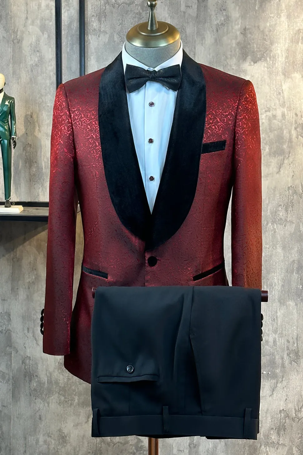 Glitter Borgonha Jacquard Xale Lapela Fatos de Baile de Formatura Masculino