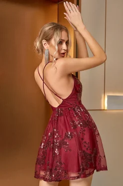 Glitter Borgonha Sequins Backless Vestido Curto de Festa