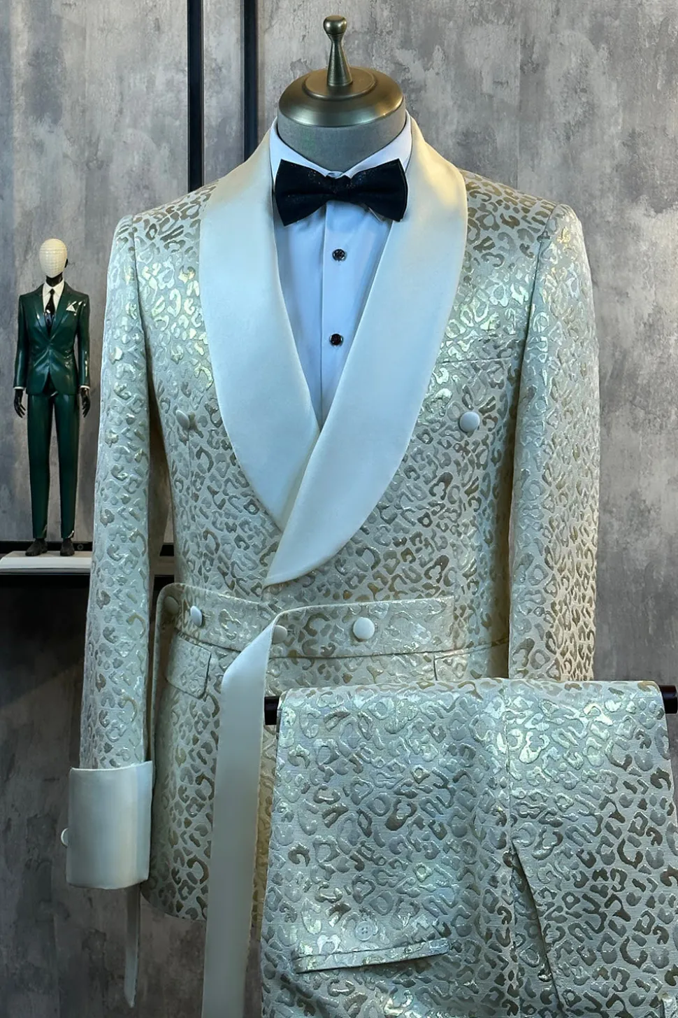 Glitter branco Jacquard 2 peças homens ternos com cinto