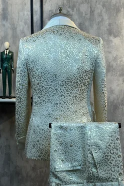 Glitter branco Jacquard 2 peças homens ternos com cinto