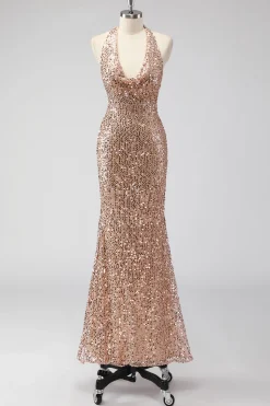 Glitter Champagne Sereia Halter Open Back Long Prom Dress com Sequins