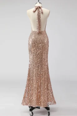 Glitter Champagne Sereia Halter Open Back Long Prom Dress com Sequins
