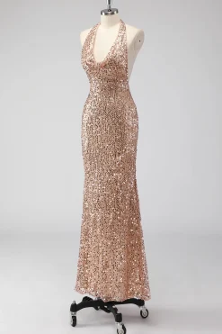 Glitter Champagne Sereia Halter Open Back Long Prom Dress com Sequins