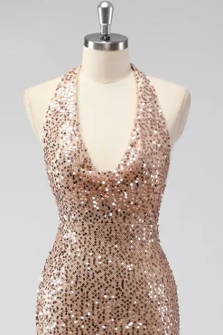 Glitter Champagne Sereia Halter Open Back Long Prom Dress com Sequins