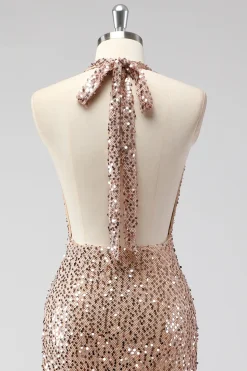 Glitter Champagne Sereia Halter Open Back Long Prom Dress com Sequins