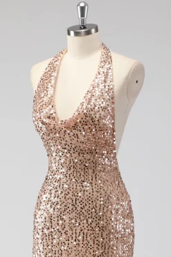 Glitter Champagne Sereia Halter Open Back Long Prom Dress com Sequins