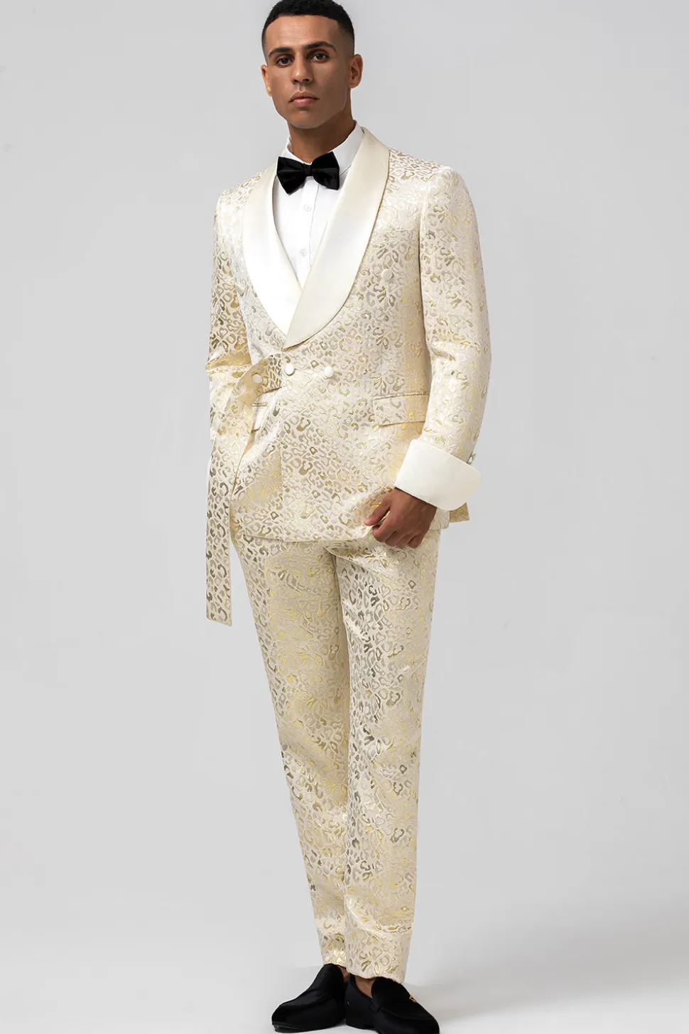 Glitter Champagne Shawl Lapela Jacquard 2 Peças Homens Prom Ternos com Cinto
