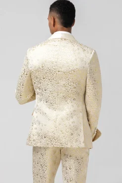 Glitter Champagne Shawl Lapela Jacquard 2 Peças Homens Prom Ternos com Cinto
