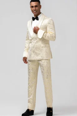 Glitter Champagne Shawl Lapela Jacquard 2 Peças Homens Prom Ternos com Cinto