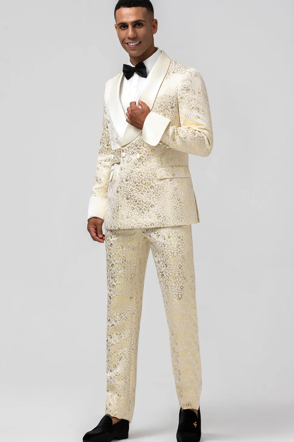Glitter Champagne Shawl Lapela Jacquard 2 Peças Homens Prom Ternos com Cinto
