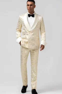 Glitter Champagne Shawl Lapela Jacquard 2 Peças Homens Prom Ternos com Cinto