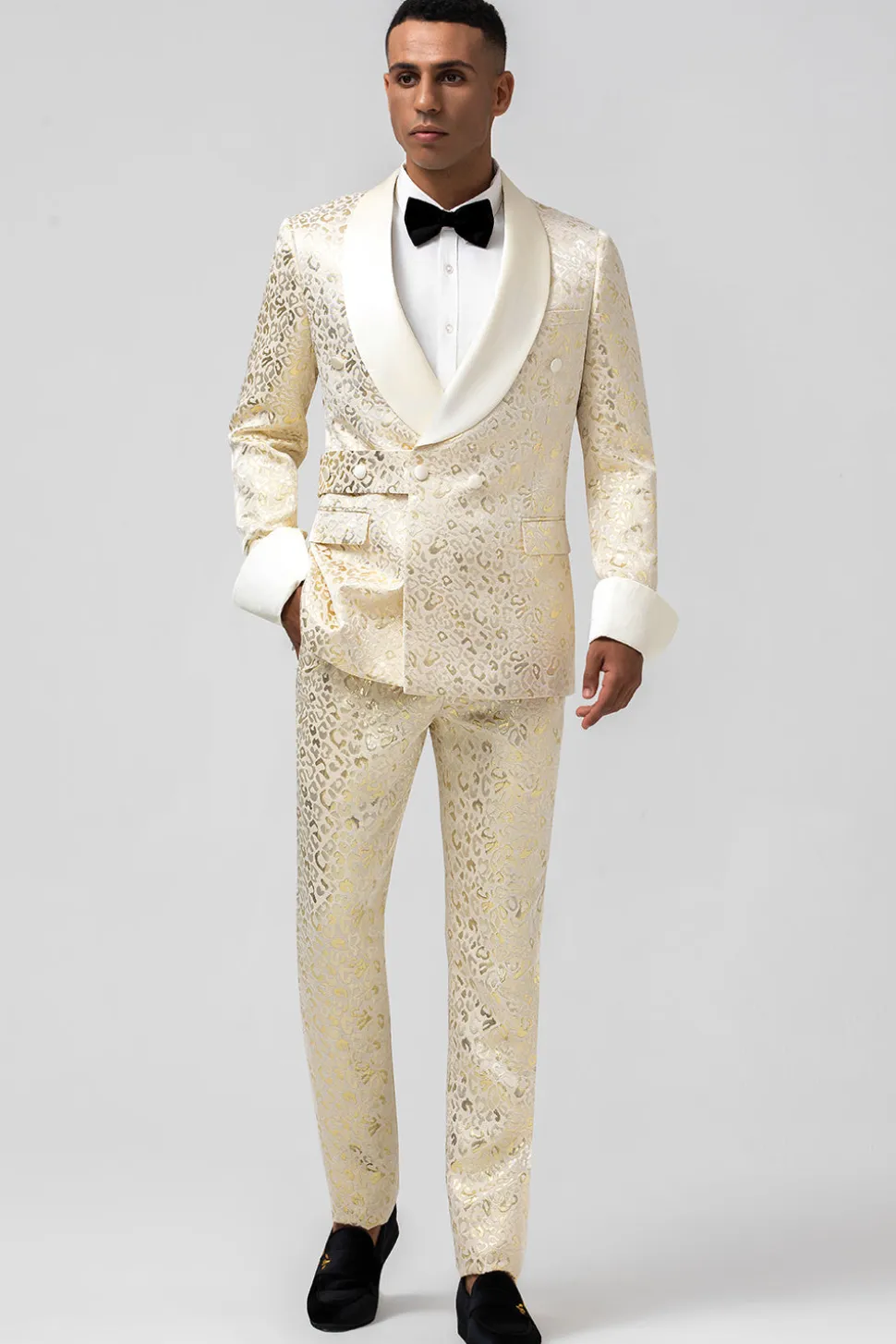 Glitter Champagne Shawl Lapela Jacquard 2 Peças Homens Prom Ternos com Cinto