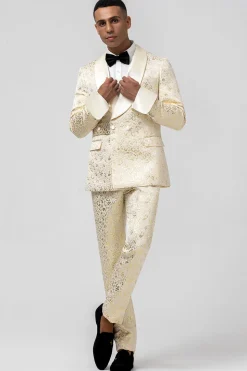 Glitter Champagne Shawl Lapela Jacquard 2 Peças Homens Prom Ternos com Cinto