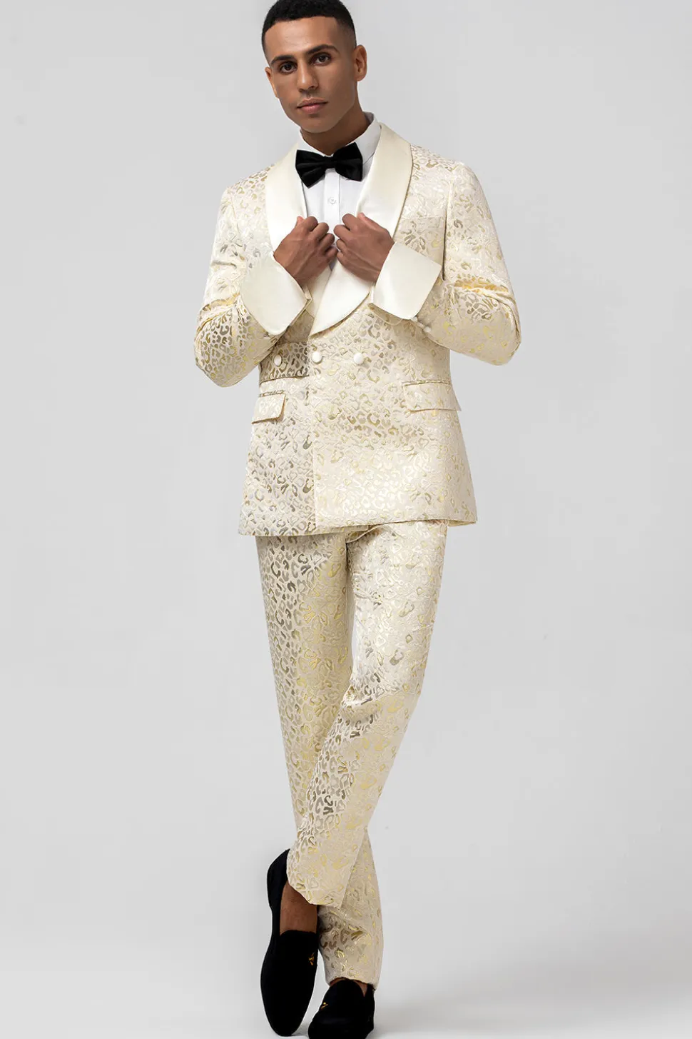 Glitter Champagne Shawl Lapela Jacquard 2 Peças Homens Prom Ternos com Cinto