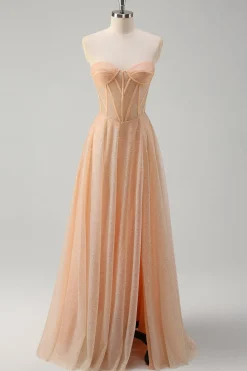 Glitter Champagne Uma Linha Corset Strapless Prom Dress com Fenda