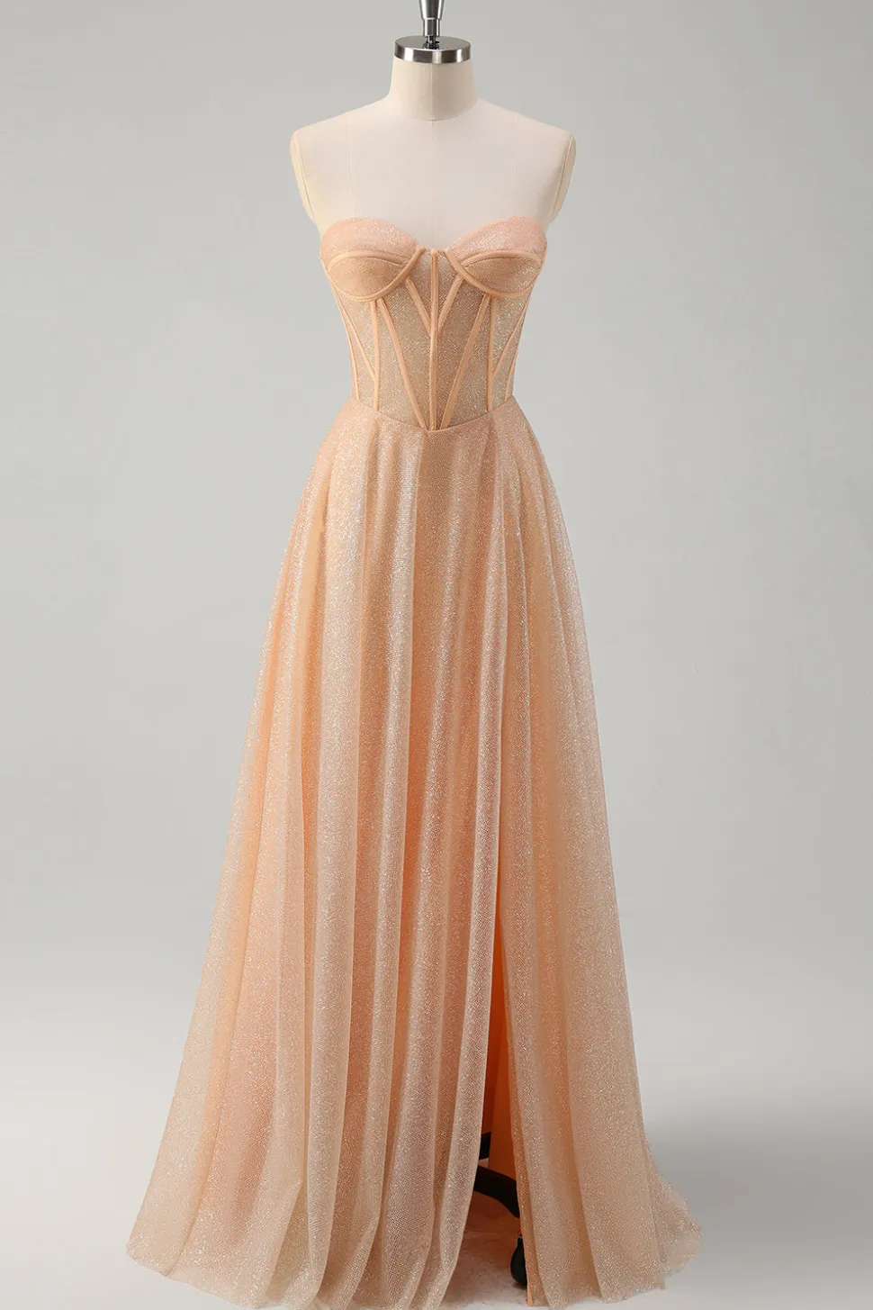Glitter Champagne Uma Linha Corset Strapless Prom Dress com Fenda