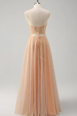 Glitter Champagne Uma Linha Corset Strapless Prom Dress com Fenda