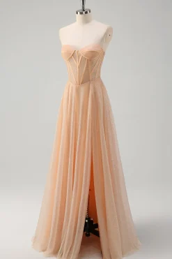 Glitter Champagne Uma Linha Corset Strapless Prom Dress com Fenda