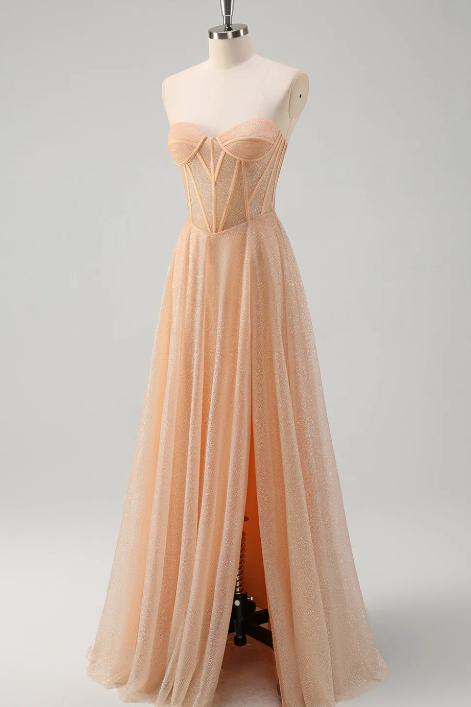 Glitter Champagne Uma Linha Corset Strapless Prom Dress com Fenda