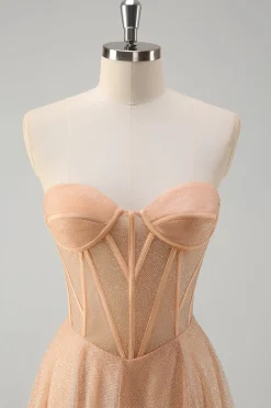 Glitter Champagne Uma Linha Corset Strapless Prom Dress com Fenda