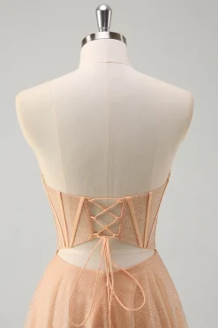 Glitter Champagne Uma Linha Corset Strapless Prom Dress com Fenda