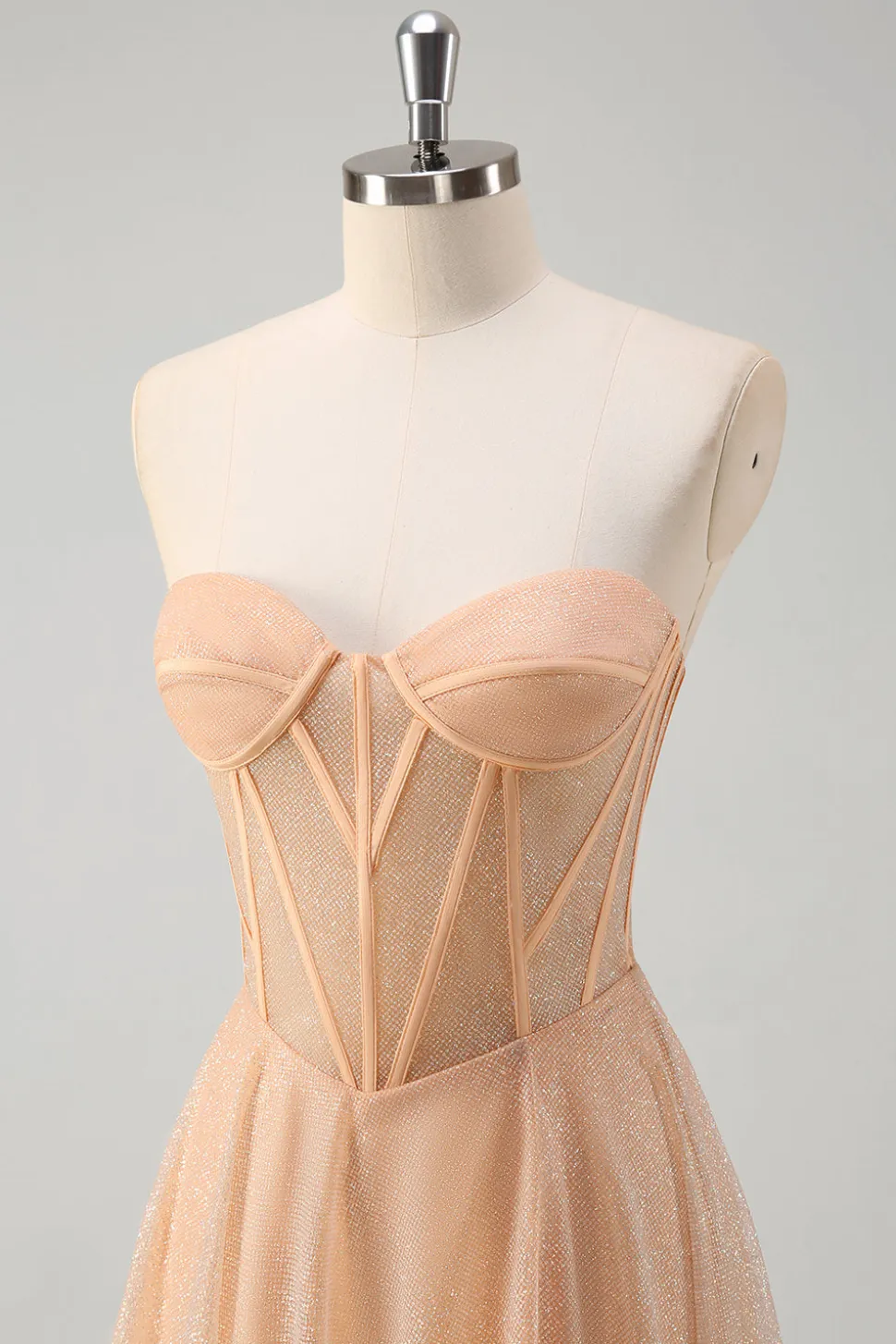 Glitter Champagne Uma Linha Corset Strapless Prom Dress com Fenda