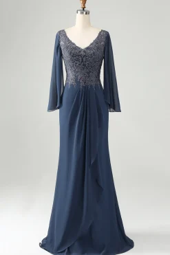Glitter Crepúsculo Sereia V Pescoço Frisado Mãe da Noiva Vestido com Apliques