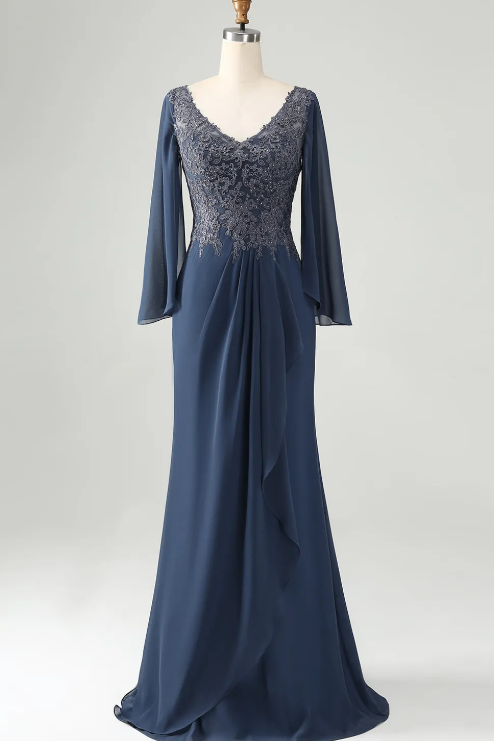 Glitter Crepúsculo Sereia V Pescoço Frisado Mãe da Noiva Vestido com Apliques