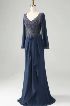 Glitter Crepúsculo Sereia V Pescoço Frisado Mãe da Noiva Vestido com Apliques