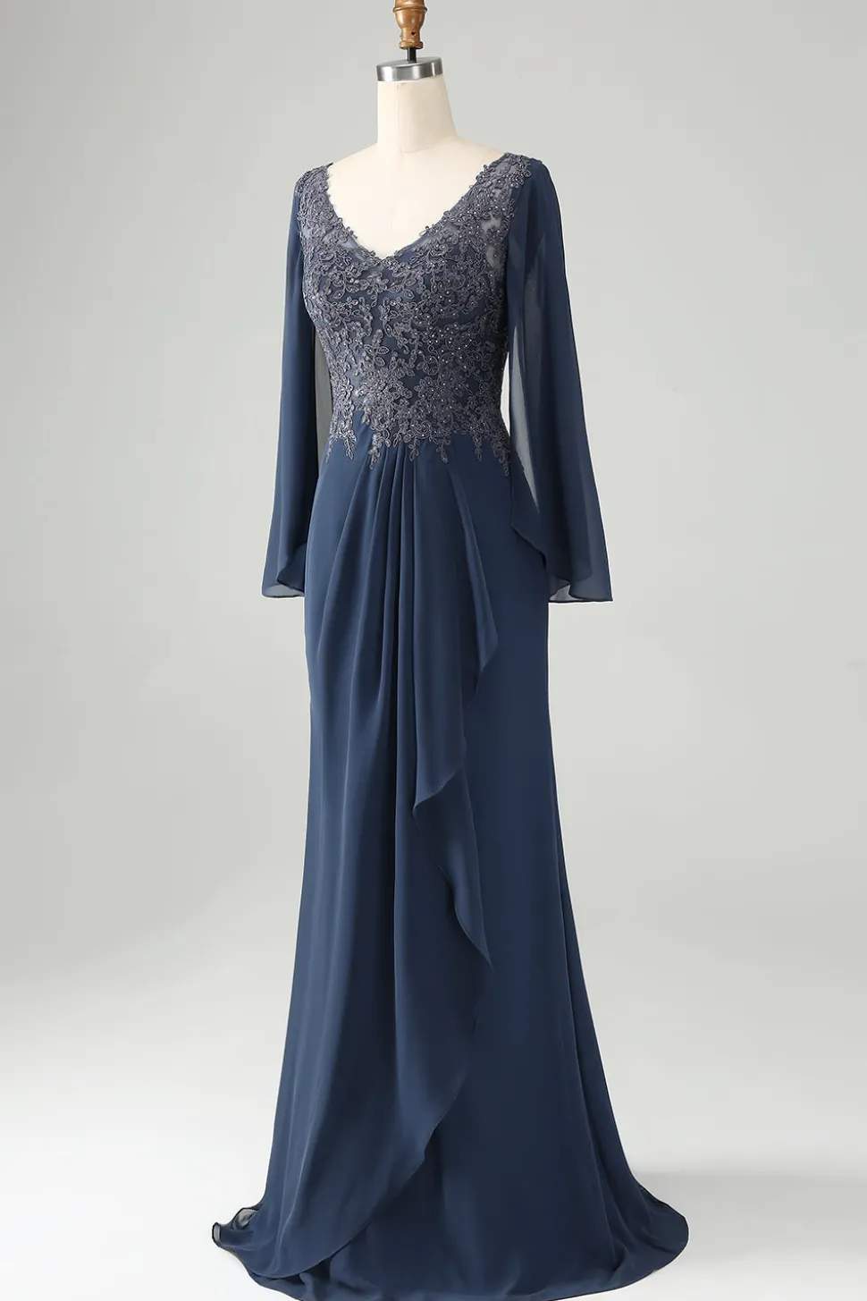 Glitter Crepúsculo Sereia V Pescoço Frisado Mãe da Noiva Vestido com Apliques