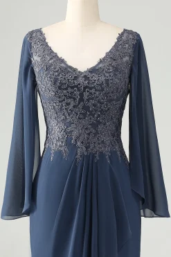 Glitter Crepúsculo Sereia V Pescoço Frisado Mãe da Noiva Vestido com Apliques