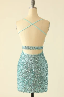 Glitter de Lantejoulas Azul Aberto nas Costas Vestidos de Festa