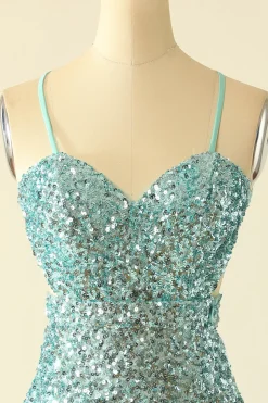 Glitter de Lantejoulas Azul Aberto nas Costas Vestidos de Festa
