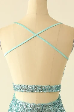 Glitter de Lantejoulas Azul Aberto nas Costas Vestidos de Festa
