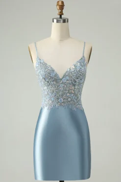 Glitter Dusty Blue frisado Floral Tight Satin Homecoming Dress