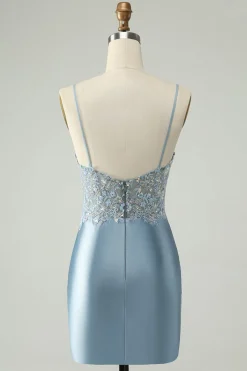 Glitter Dusty Blue frisado Floral Tight Satin Homecoming Dress