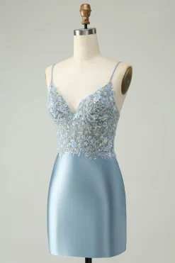 Glitter Dusty Blue frisado Floral Tight Satin Homecoming Dress