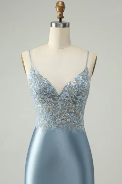 Glitter Dusty Blue frisado Floral Tight Satin Homecoming Dress