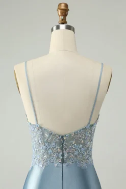 Glitter Dusty Blue frisado Floral Tight Satin Homecoming Dress