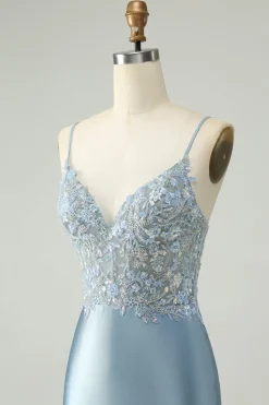 Glitter Dusty Blue frisado Floral Tight Satin Homecoming Dress