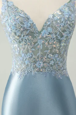 Glitter Dusty Blue frisado Floral Tight Satin Homecoming Dress
