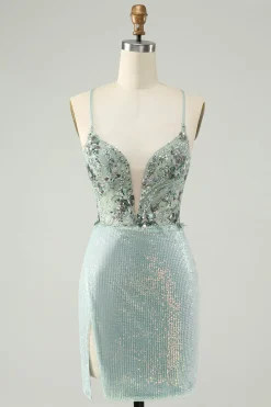 Glitter Dusty Green Tight Sequins V Pescoço Homecoming Dress