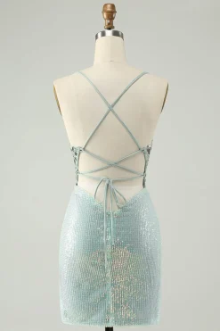 Glitter Dusty Green Tight Sequins V Pescoço Homecoming Dress