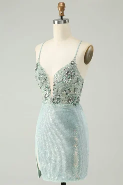 Glitter Dusty Green Tight Sequins V Pescoço Homecoming Dress