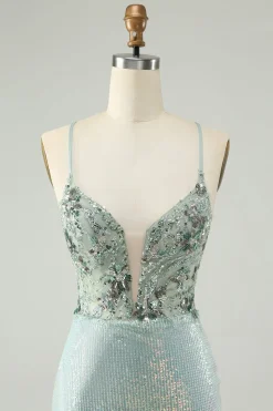 Glitter Dusty Green Tight Sequins V Pescoço Homecoming Dress