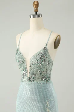 Glitter Dusty Green Tight Sequins V Pescoço Homecoming Dress