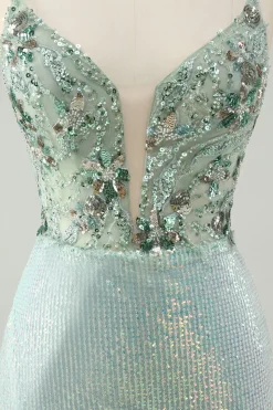 Glitter Dusty Green Tight Sequins V Pescoço Homecoming Dress