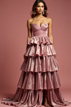 Glitter Dusty Rose Uma Linha Esparguete Correias Folhos Vestido de Baile