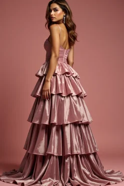 Glitter Dusty Rose Uma Linha Esparguete Correias Folhos Vestido de Baile