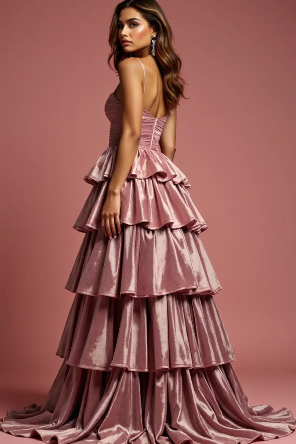 Glitter Dusty Rose Uma Linha Esparguete Correias Folhos Vestido de Baile